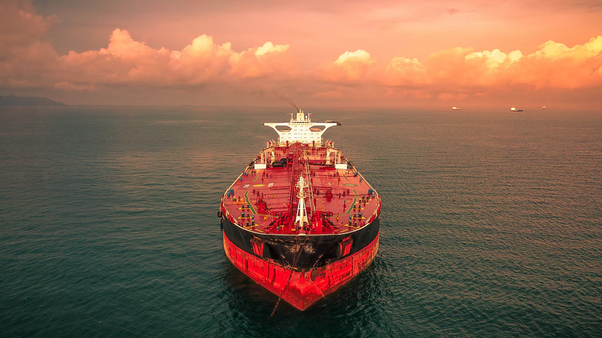 Oil tanker ship at sea at sunset