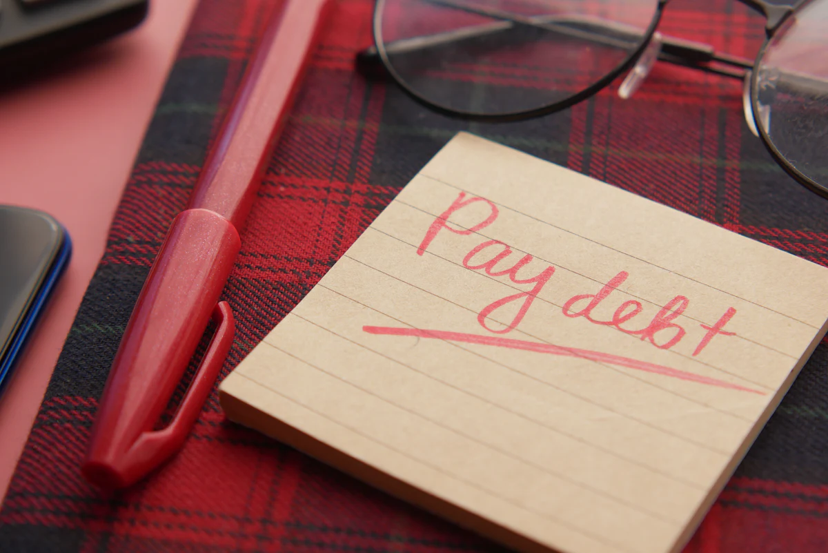 A handwritten note reading pay debt next to glasses and a pen on a desk