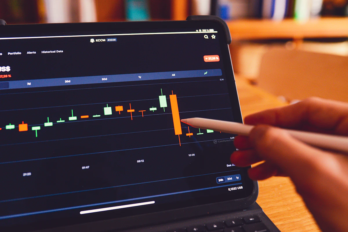 A hand pointing a stylus at a candlestick stock chart on a tablet