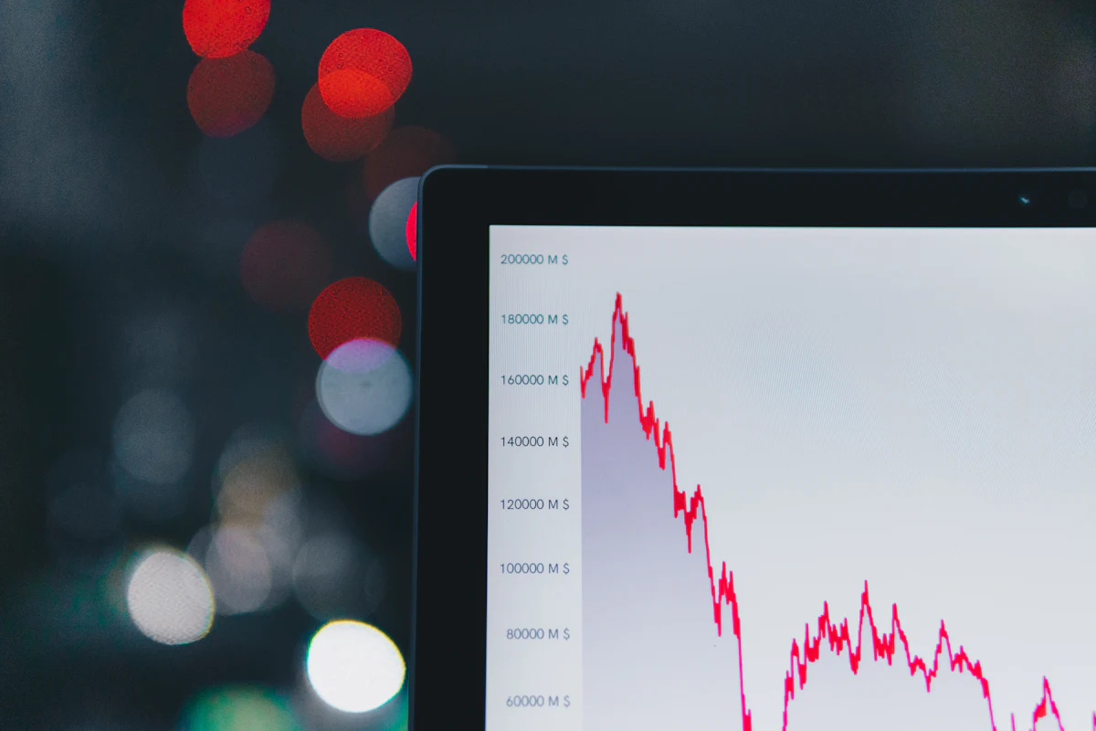 A laptop screen showing a market chart dropping sharply in red